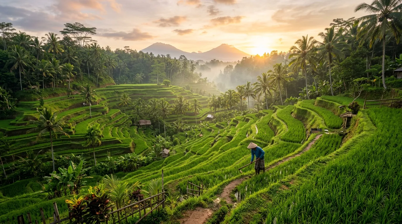 Tegallalang rice terraces — green layers under morning mist