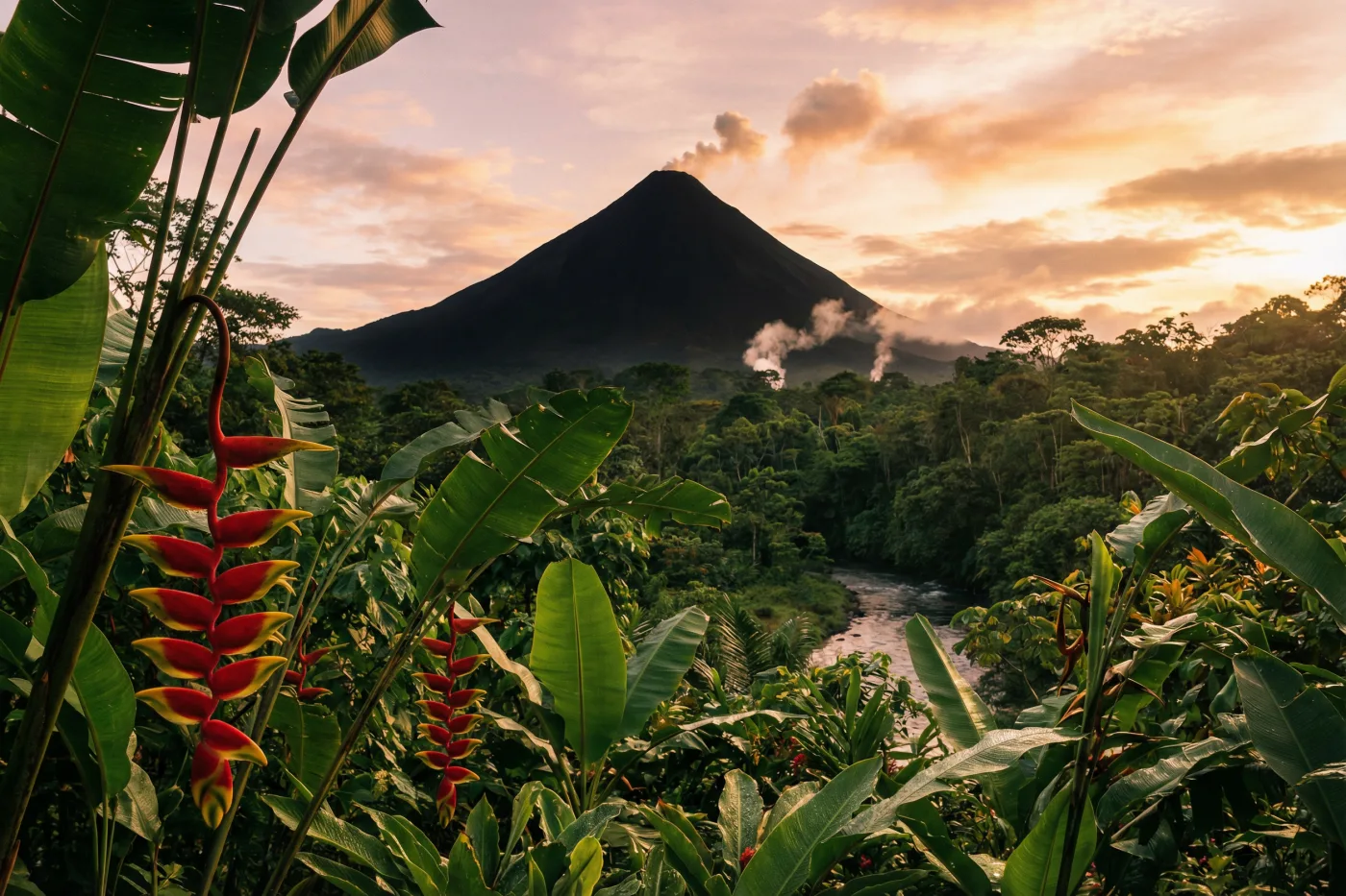 Arenal volcano at sunset, red heliconias in the foreground