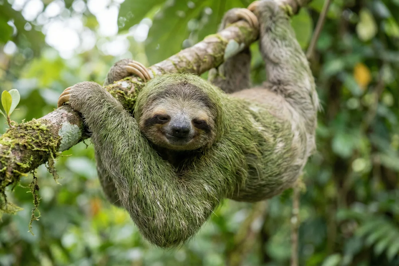 Three-toed sloth hanging from a cecropia tree, tropical canopy