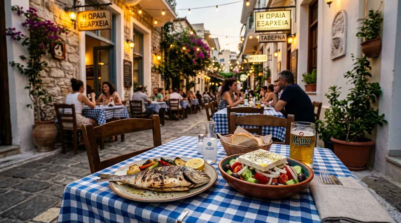 Athens taverna — shaded terrace in the old streets