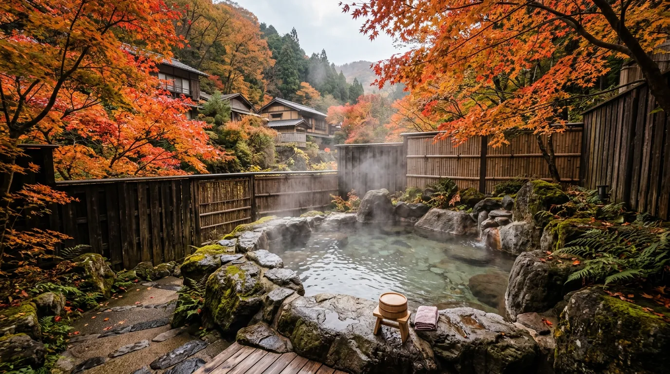 Kurokawa outdoor onsen — steam and rocks by the river