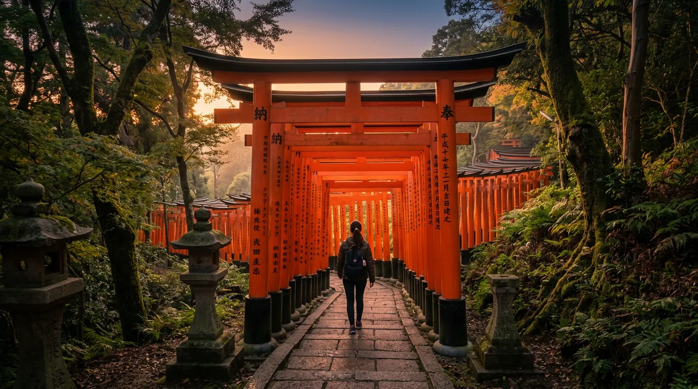 Fushimi Inari torii gates in Kyoto — morning light between vermilion pillars