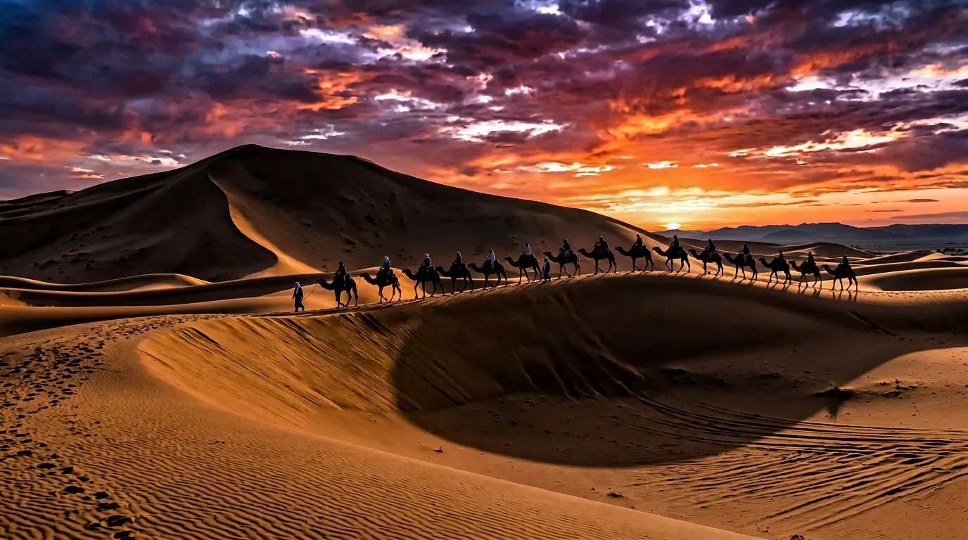 Merzouga desert — orange dunes under a starlit sky