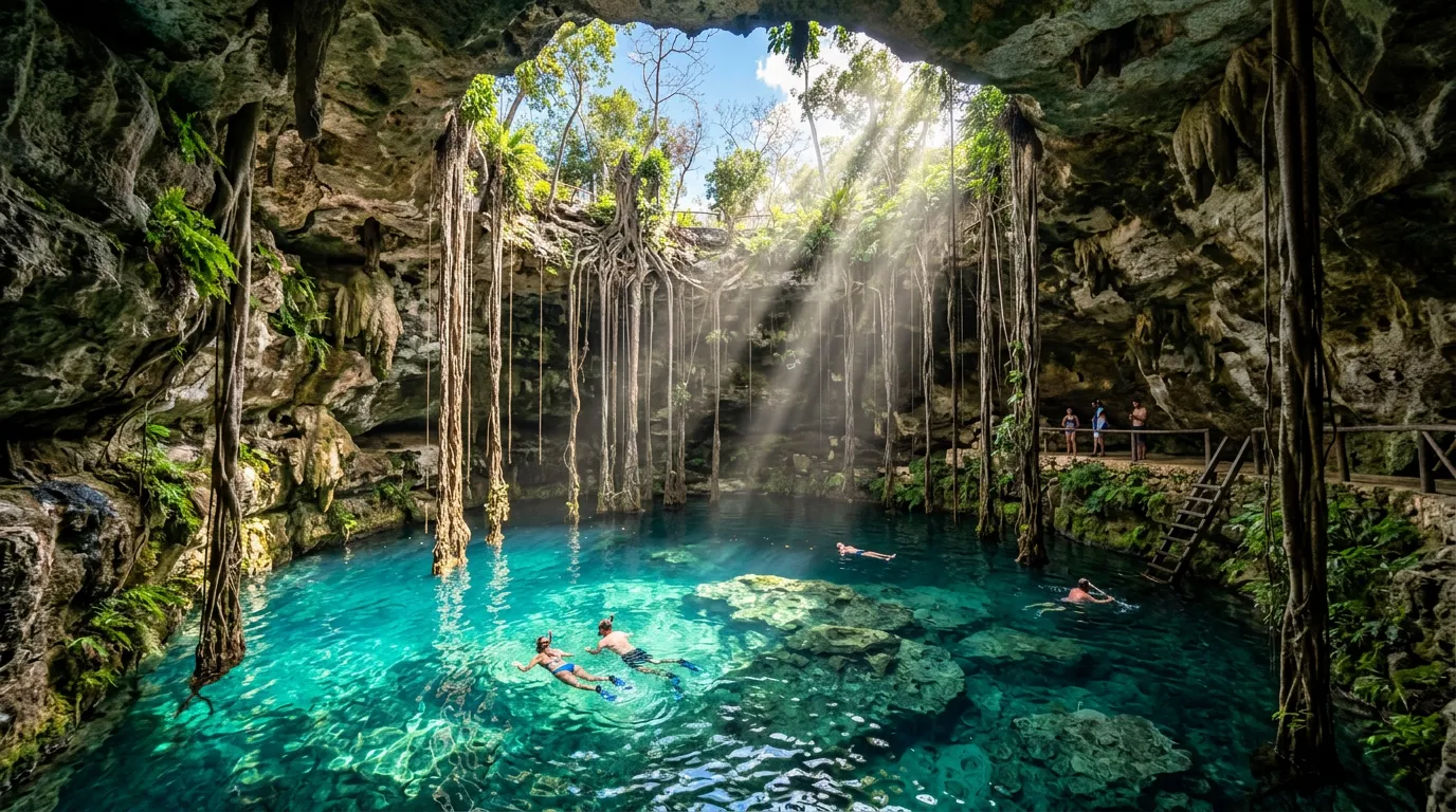 Yucatan cenote — turquoise water under limestone rock
