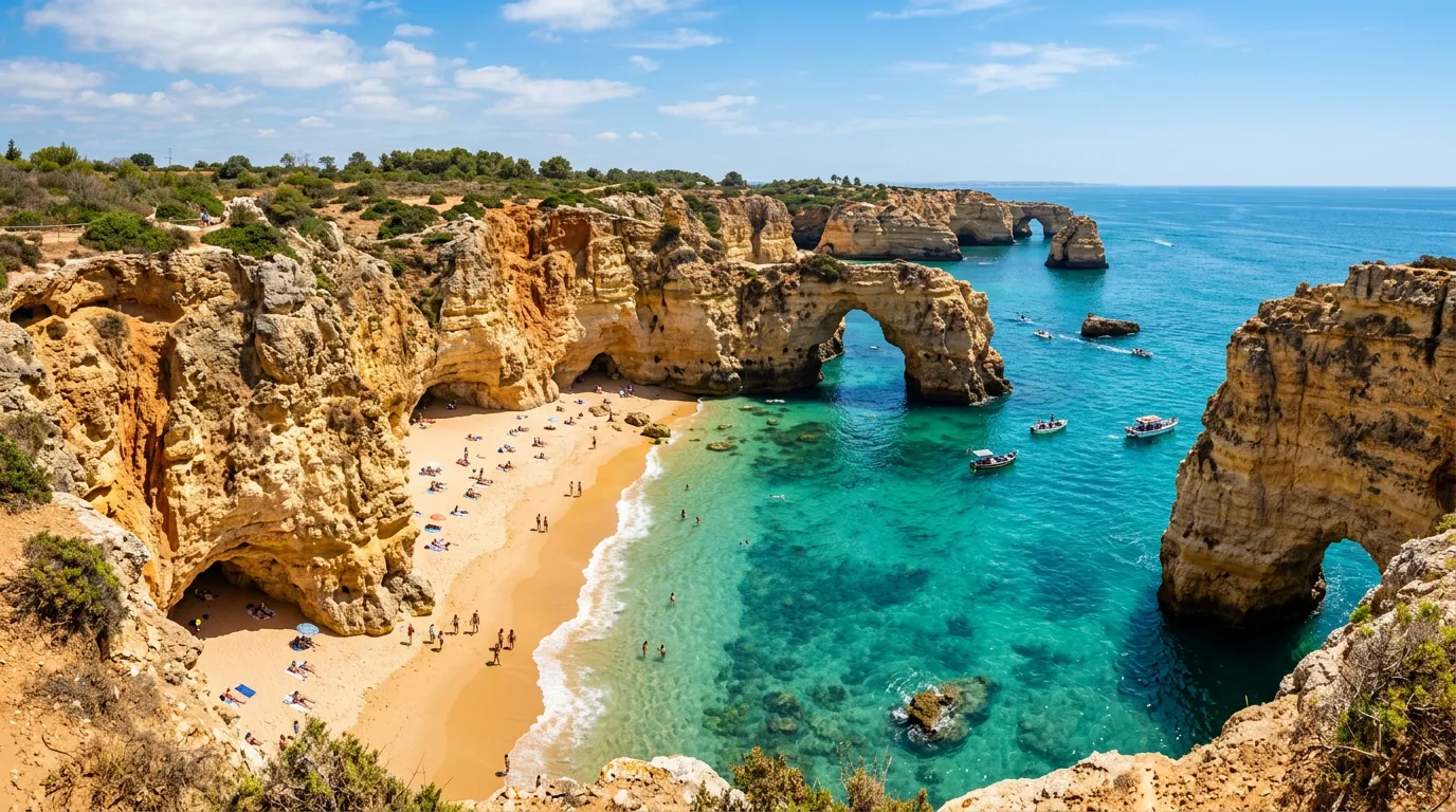 Algarve coast — golden cliffs and beach between ochre rocks
