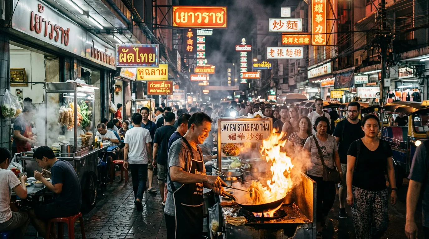 Bangkok street food — smoking woks on Yaowarat Road
