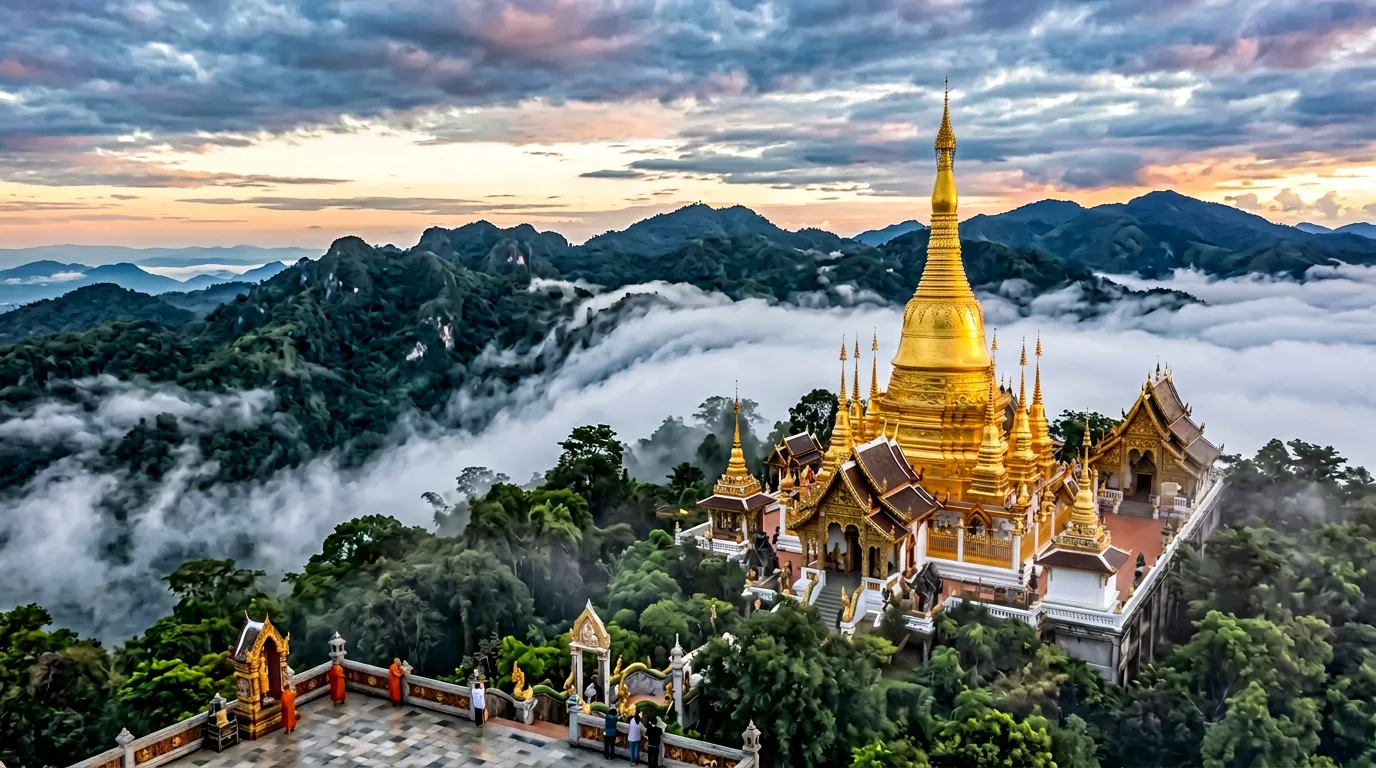 Doi Suthep, Chiang Mai — golden temple in the morning mist