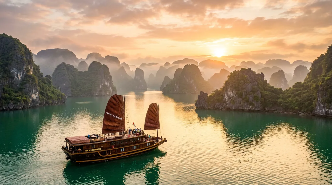Ha Long Bay — junks and karst islets in the mist